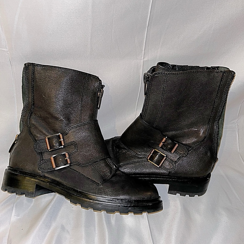 Calvin Klein Black Leather Boots Women’s Size 9.5 | Copper Buckle Military Style